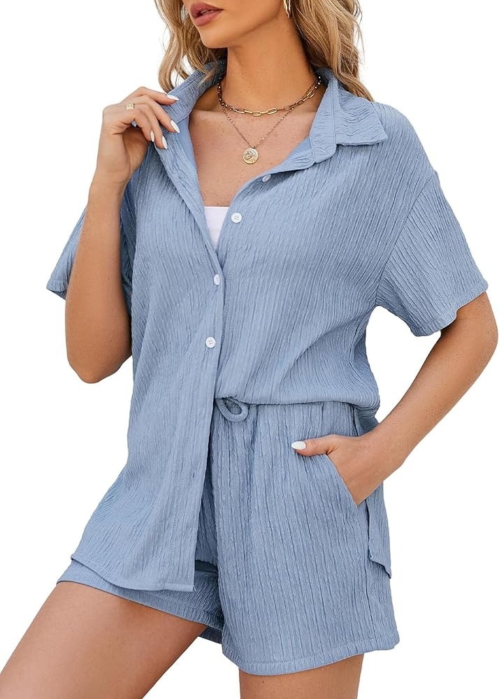 Flygo Womens 2 Piece Casual Outfits Summer Pleated Short Sleeve Top and Set Button Down Shirt Y2K | Amazon (US)