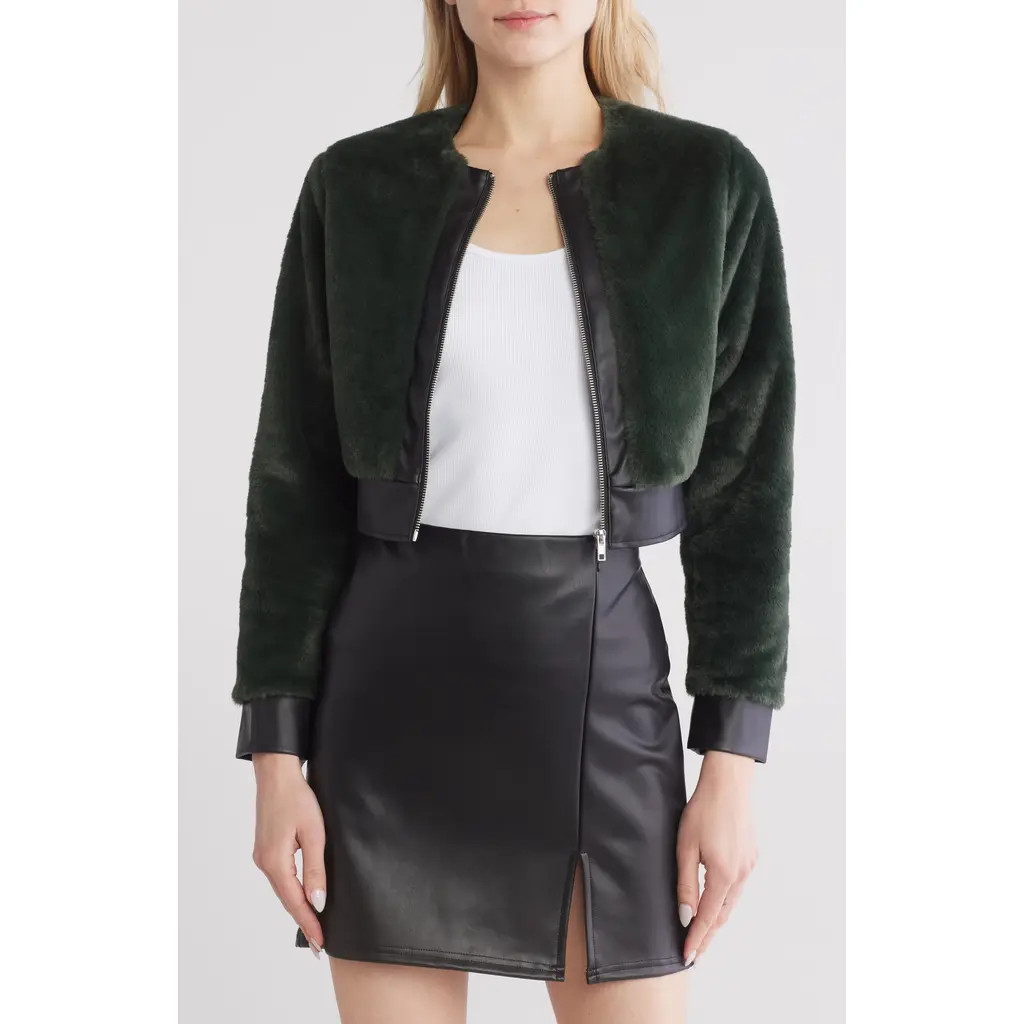 Vigoss Faux Fur & Faux Leather Crop Jacket in Jewel at Nordstrom Rack, Size X-Small | Nordstrom Rack