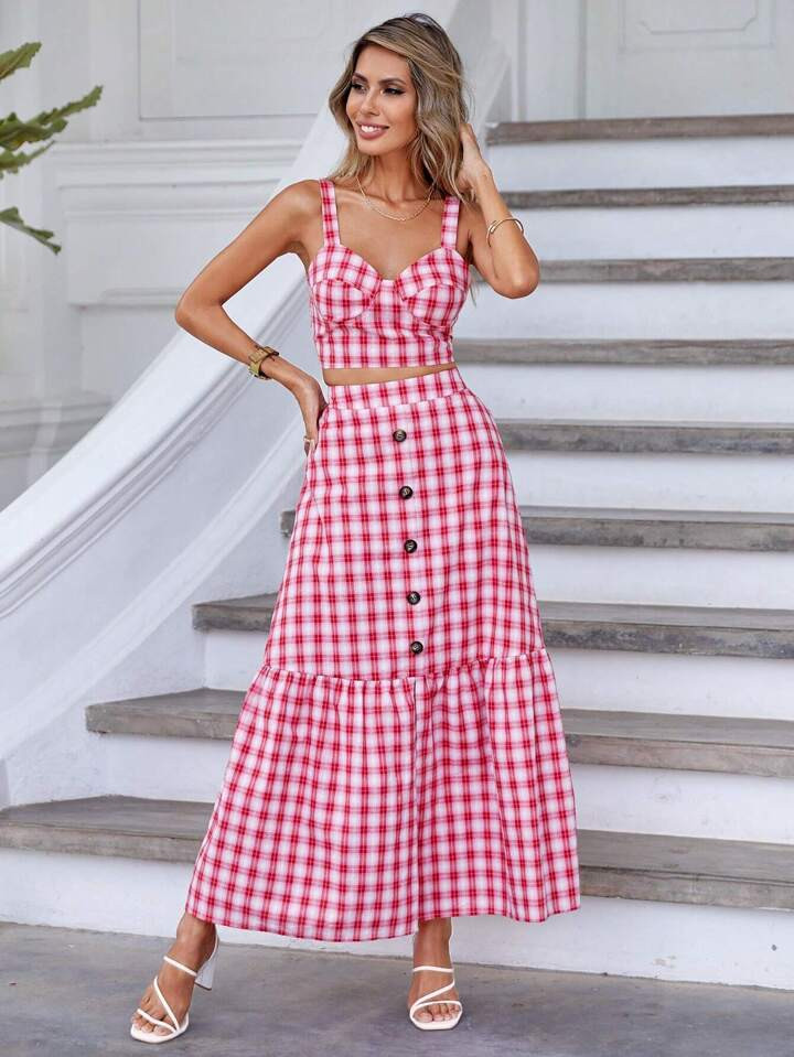 SHEIN VCAY Gingham Print Cami Top & Ruffle Hem Skirt | SHEIN