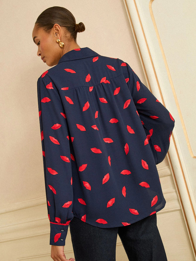 Love & Roses Navy Lips Print Long Sleeve Button Through Shirt | Next US