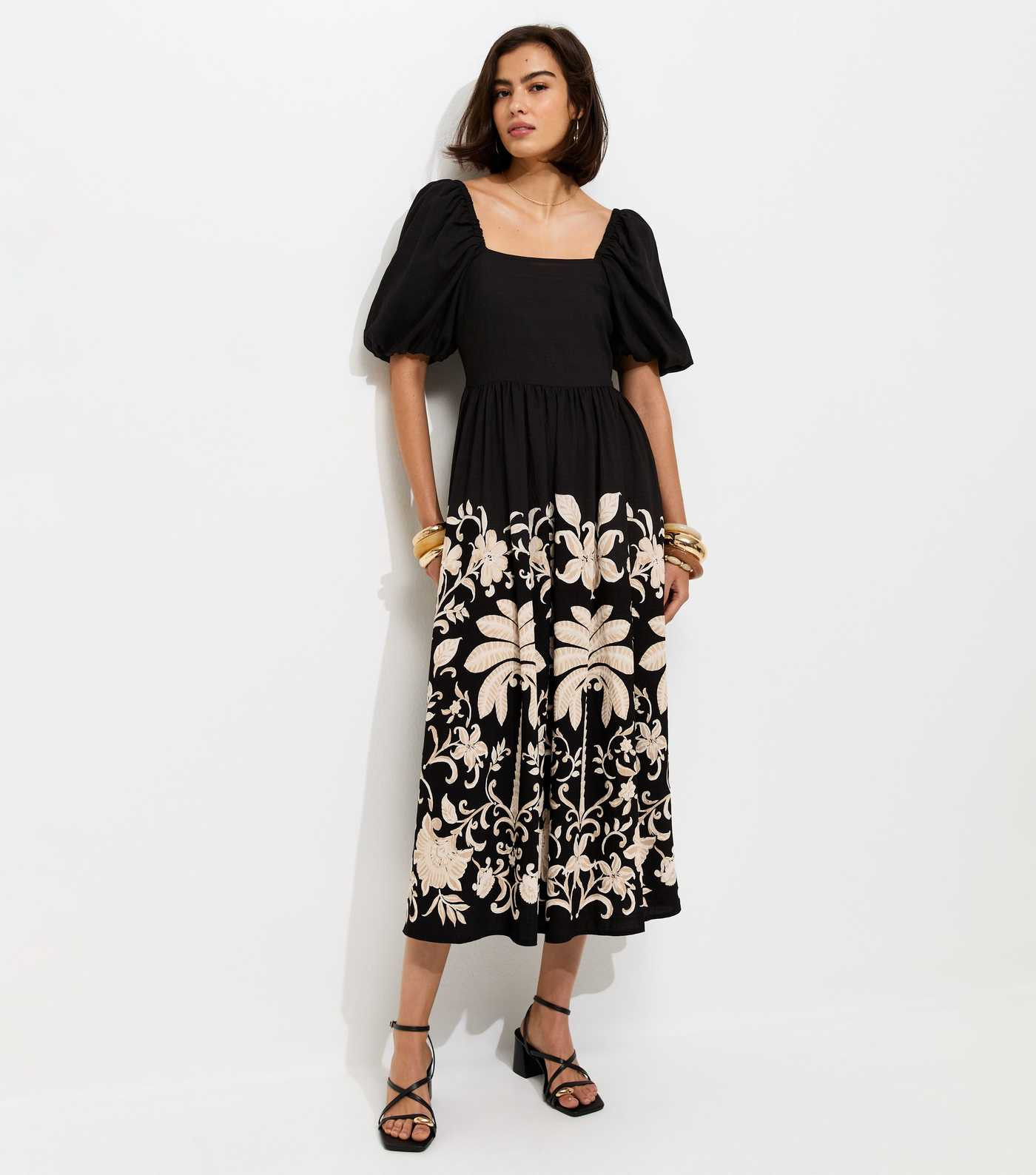 Black Floral Border Print Milkmaid Midi Dress | New Look | New Look (UK)