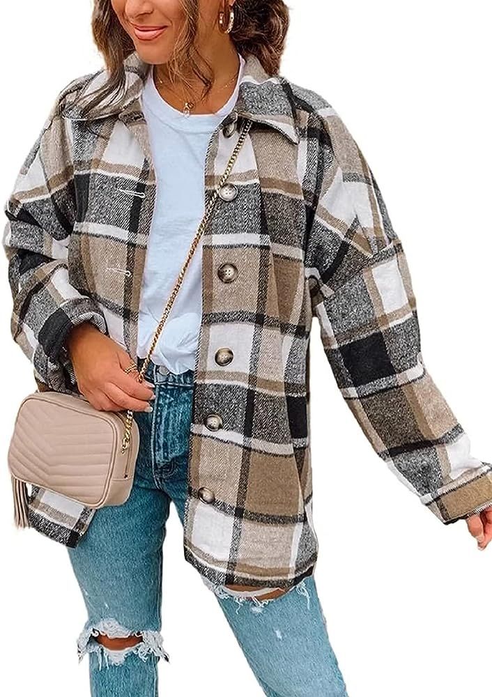 ZOLUCKY Womens Shacket Jacket Flannel Shacket Fall Plaid Jackets Long Sleeve Button Down Shirts B... | Amazon (US)