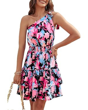PRETTYGARDEN Women's Summer Tie One Shoulder Boho Floral Dress Elastic Waist Tiered Ruffle A Line... | Amazon (US)