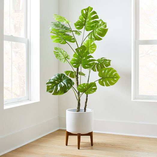 Faux Monstera Plant & Mid-Century Turned Wood Leg Planter Bundle | West Elm (US)