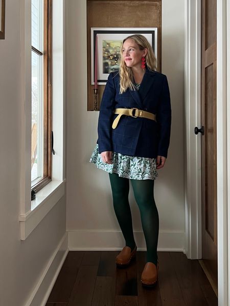 Workwear outfit idea - madewell navy plaid blazer, spring dress, belt, Amazon green tights, slingback clog, heart drop earrings for Valentine’s Day ❤️
Claire Lately 

#LTKmidsize #LTKworkwear #LTKfindsunder100