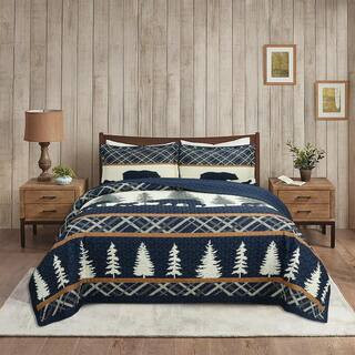 ME504 Cabin Lodge Rustic Country Navy Blue Bear and Forest Queen Size Polyester Quilt Bedspread Set | The Home Depot