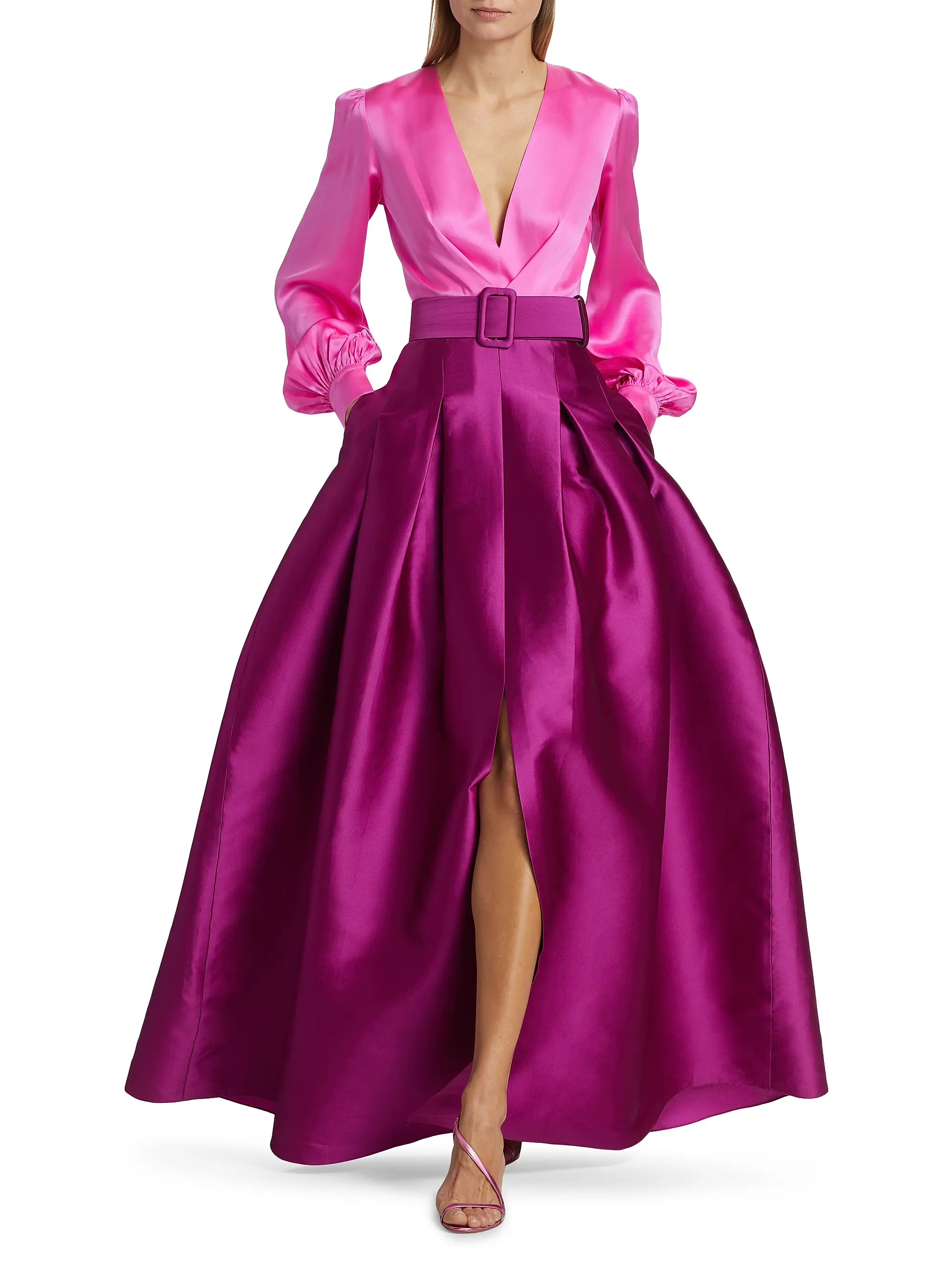 Zoe Satin Colorblocked Belted Gown | Saks Fifth Avenue