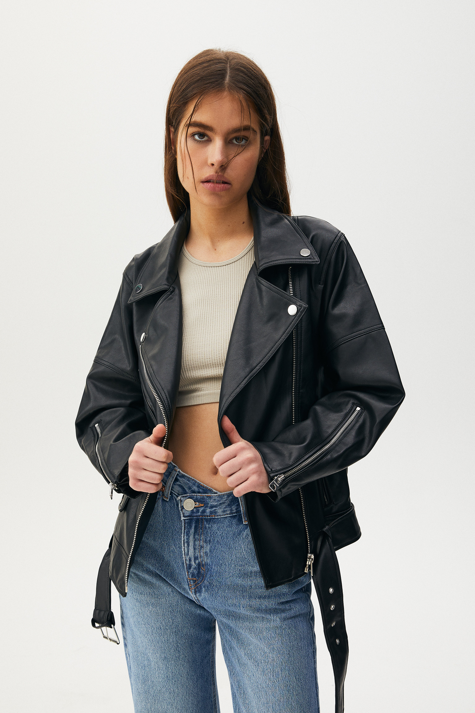 Oversize faux leather biker jacket | PULL and BEAR UK