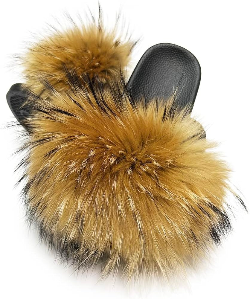 Jancoco Max Womens Fur Sliders Slippers Raccoon Fur Furry Slides Fashion Flat Soft Open Toe Fluff... | Amazon (US)