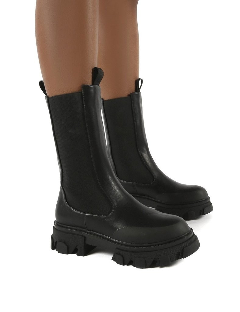 Boston Black Calf High Chunky Sole Boots | Public Desire (US & CA)