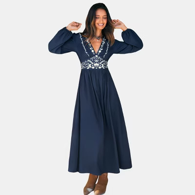 Cupshe Women's Elegant Navy Ethnic Floral Print Maxi Dress with Billowing Sleeves-XL-Blue | Target