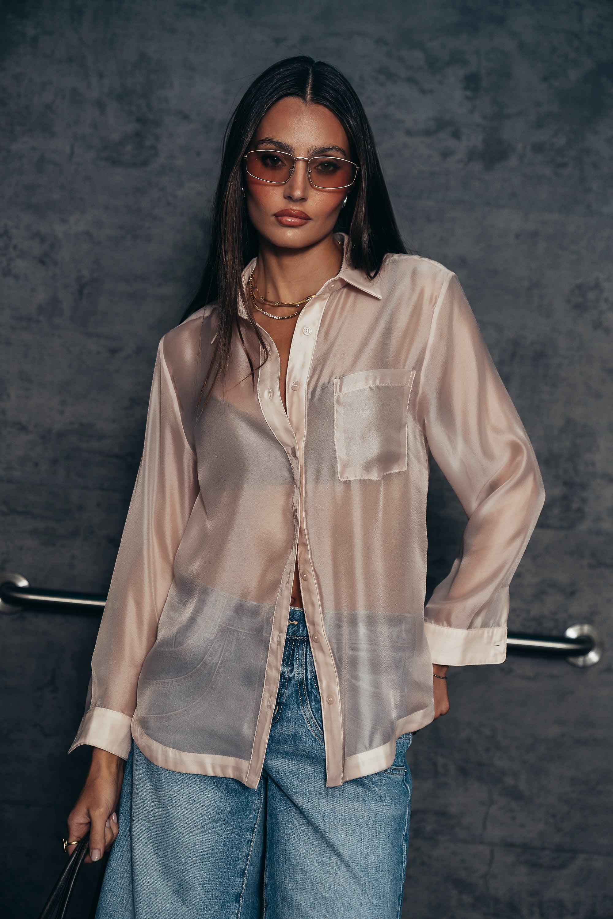 Liberty Sheer Button Up Blouse in Blush | Böhme US