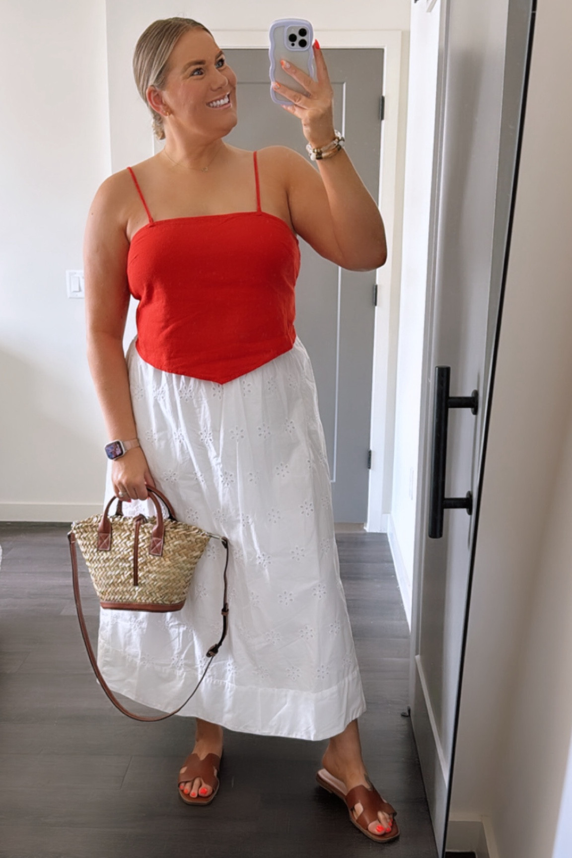 The perfect 4th of July outfit 
White eyelet maxi skirt 
Red tie back crop top 
Target sandals 
Mango rattan & leather handbag 



#LTKSeasonal #LTKMidsize #LTKStyleTip