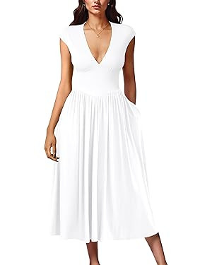 YMDUCH Women's Casual Deep V Neck Cap Sleeve Back Tie A-Line Swing Midi Dress with Pockets | Amazon (US)