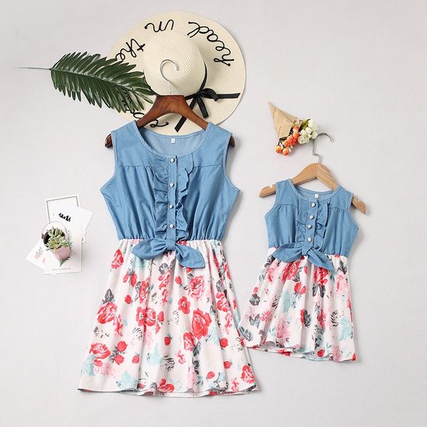 Mommy and Me Chic Round Collar Floral Denim Matching Dress | PatPat