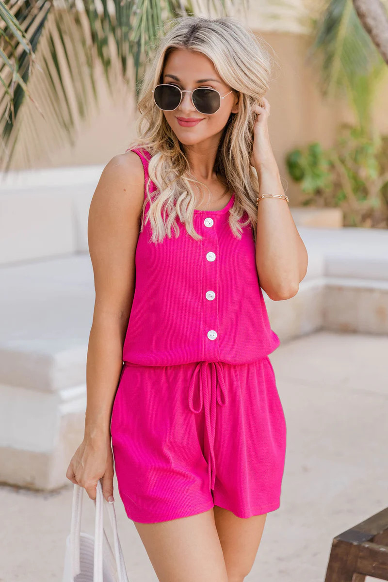 Twice A Week Hot Pink Button Waffle Knit Romper | The Pink Lily Boutique