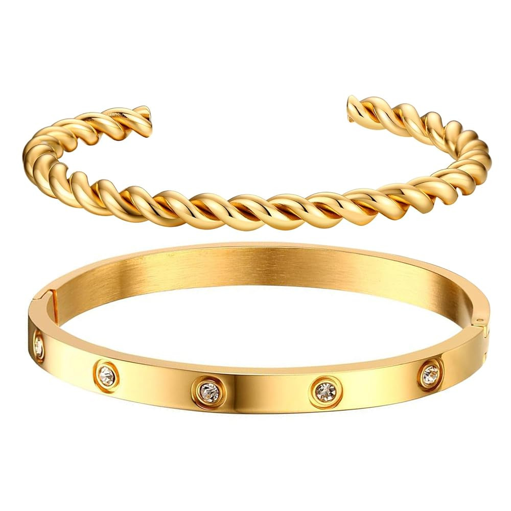 MPRAINBOW Gold Bracelets for Women, 2Pcs 18K Gold Plated Cubic Zirconia Bangle Crystal Friendship... | Amazon (US)