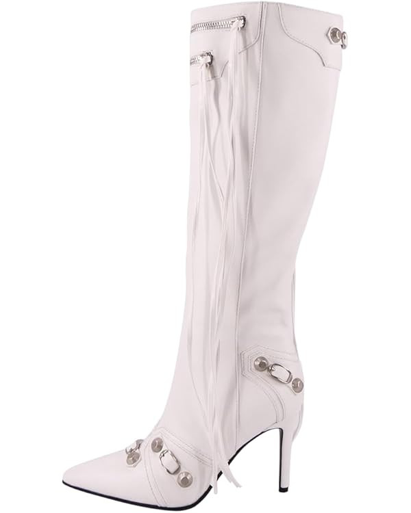 onlymaker Women's High Heel Ankle Boots With Zipper Metal Chains Stiletto Heel Fringed Tassels Po... | Amazon (US)