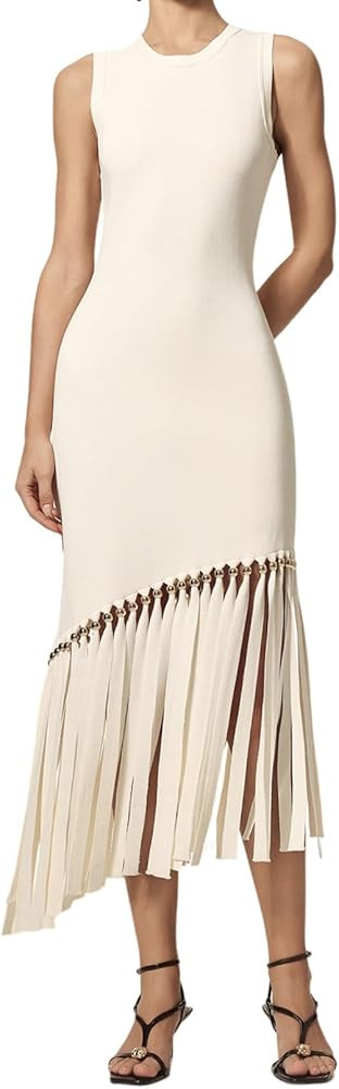 Beige Flattering Stretch Knit Bodycon Fringe Dress Chic Sleeveless Crew Neck Boho Maxi Cocktail D... | Amazon (US)
