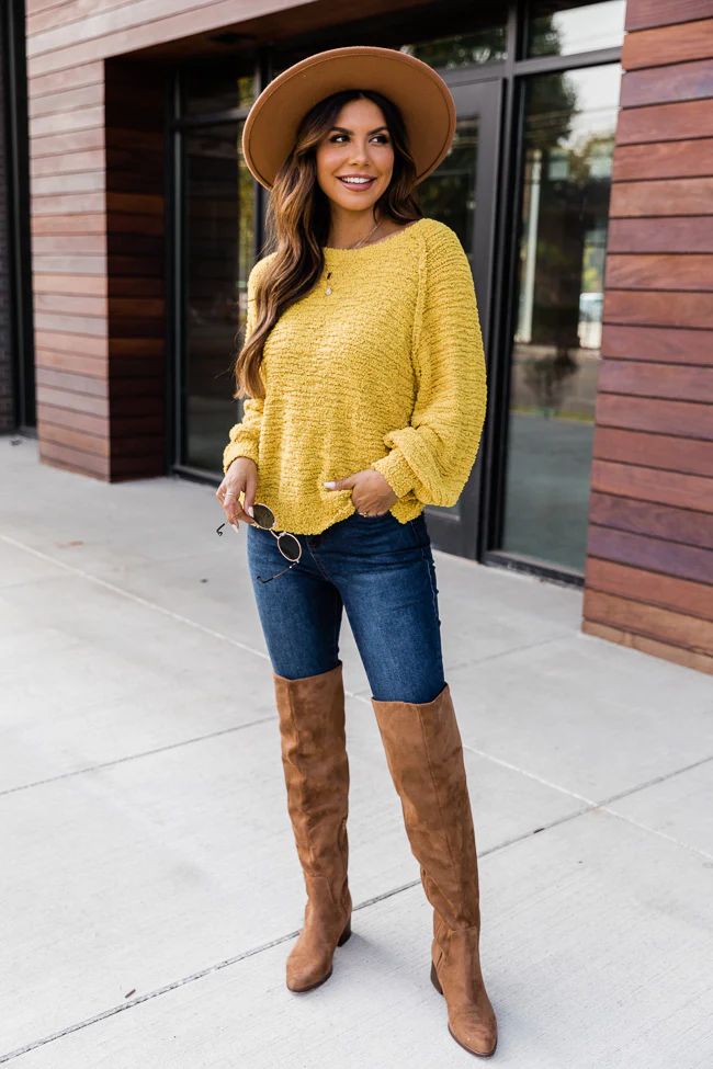 Somewhere Better Mustard Popcorn Sweater FINAL SALE | The Pink Lily Boutique