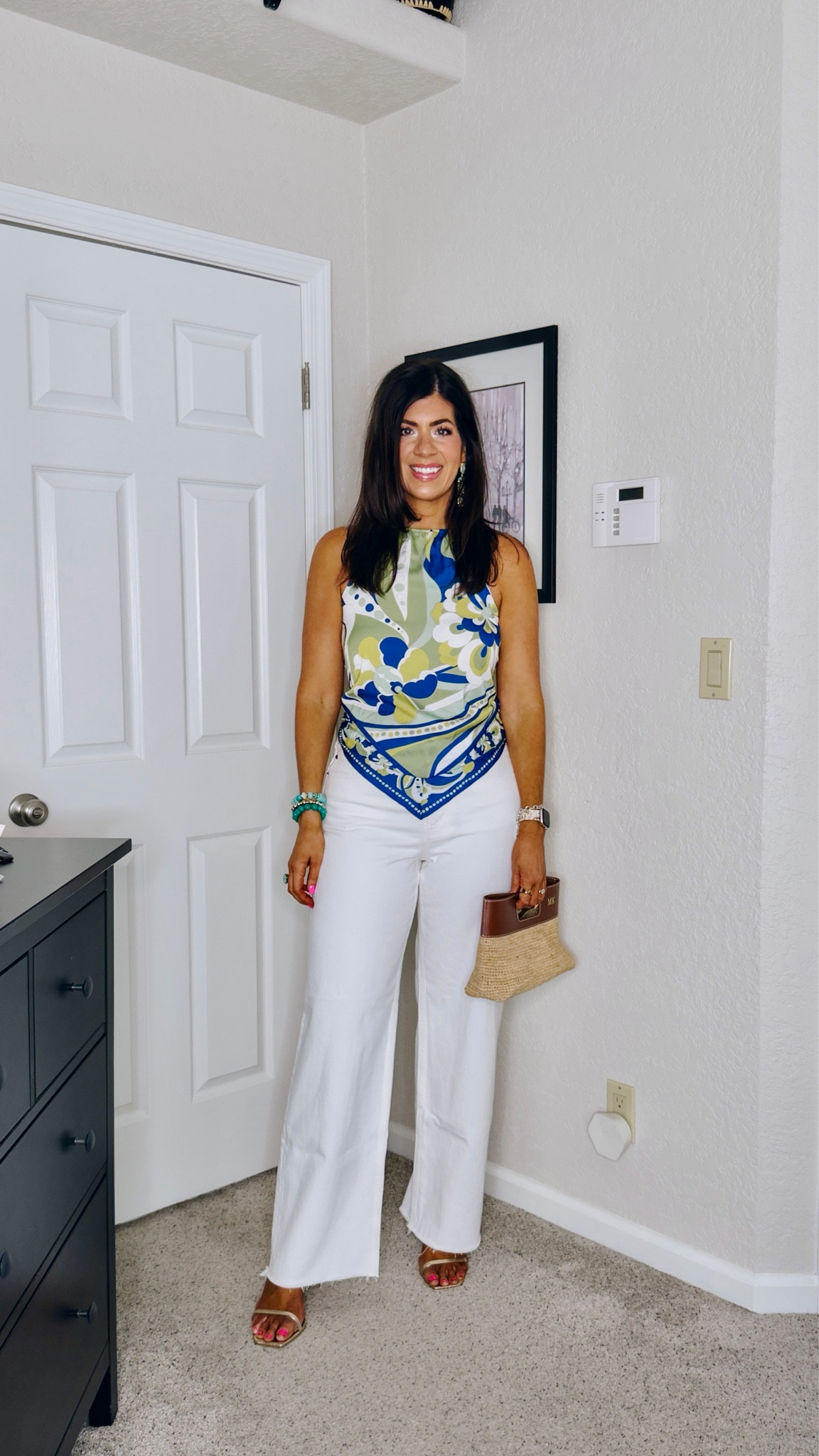 Easy summer white jeans outfit
Sized down in scarf top to a small (runs loose) code-Meghan20
In a 29 tall curvy jeans - code SHORTSAF 

#LTKSaleAlert #LTKTall #LTKMidsize