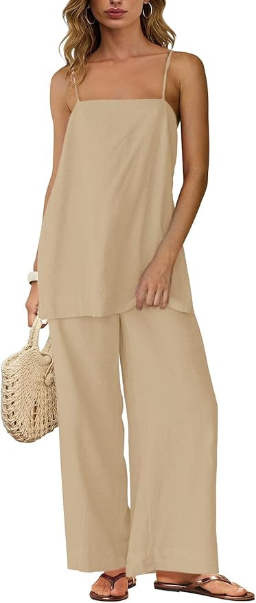 Linen Sets for Women 2 Piece Summer Spaghetti Strap Top Wide Leg Pant Set Beach Vacation Travel O... | Amazon (US)