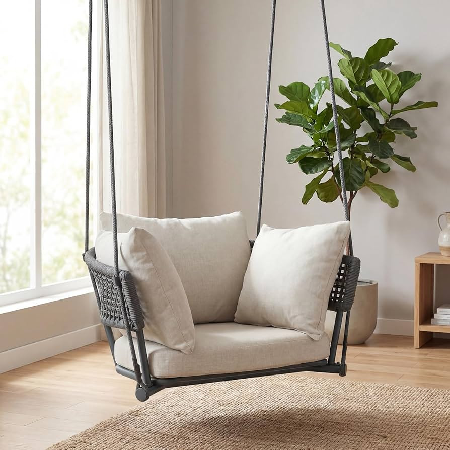 Single Porch Swings Chair with Cushions, Hanging Rope Swing, Hanging Chair for Bedroom, Hammock C... | Amazon (US)