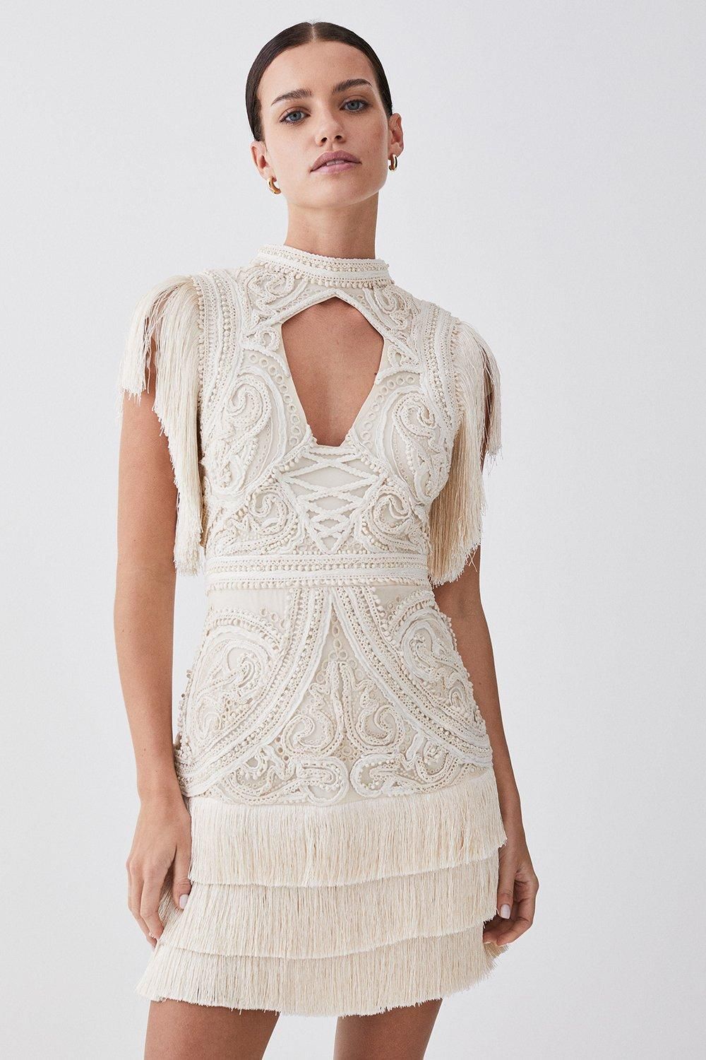 Petite Cornelli Embellished Fringed Woven Dress | Karen Millen UK + IE + DE + NL