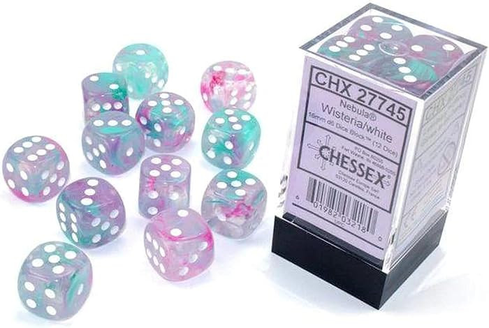 Chessex Nebula 16mm d6 Wisteria/White w/Luminary Dice Block (12 dice) | Amazon (US)