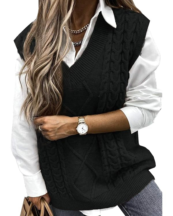 EVALESS Oversized Sweater Vest for Women V Neck Sleeveless Solid Color Loose Pullover Sweater | Amazon (US)