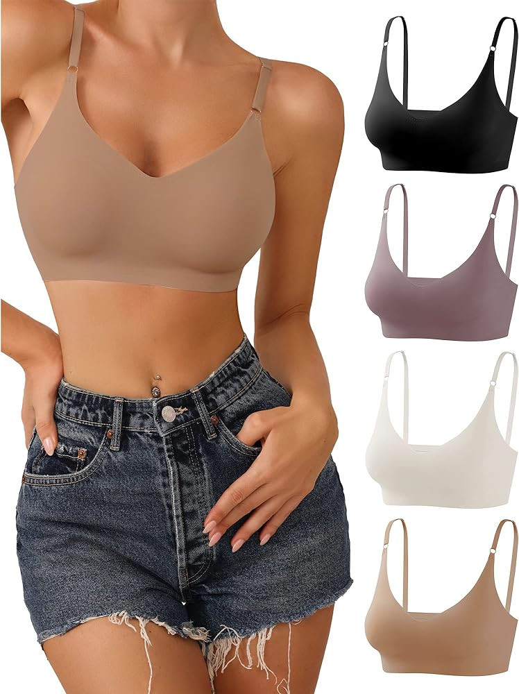 DEANGELMON V Neck Bralettes Padded Seamless Adjustable Straps Bra Everyday Basic Sleeping Bras | Amazon (US)