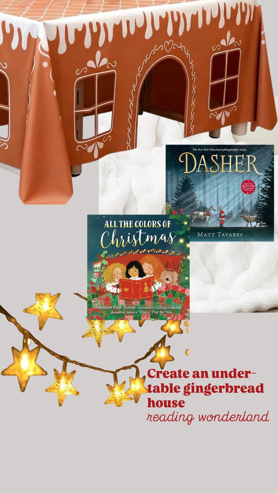 Create your own cozy gingerbread house reading wonderland with your kitchen or dining room table. 

Christmas books. Holiday ideas for kids. Tablecloth. Books for kids. Gift idea. Holiday traditions. White soft blanket. Star string lights. Battery powered. Kids play tent. 

#LTKHoliday #LTKKids #LTKHome