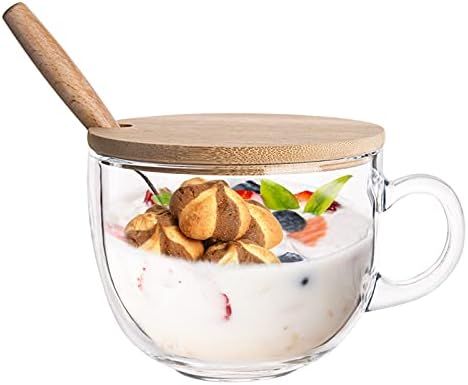 PARACITY Glass Cup 15OZ Clear Coffee Mug with Lids Spoon for Breakfast Tea,Milk,Beverage,Oats,yog... | Amazon (US)