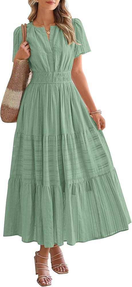BTFBM Womens Summer 2025 Casual Midi Maxi Dresses Lightweight Short Sleeve V Neck Elastic Waist B... | Amazon (US)