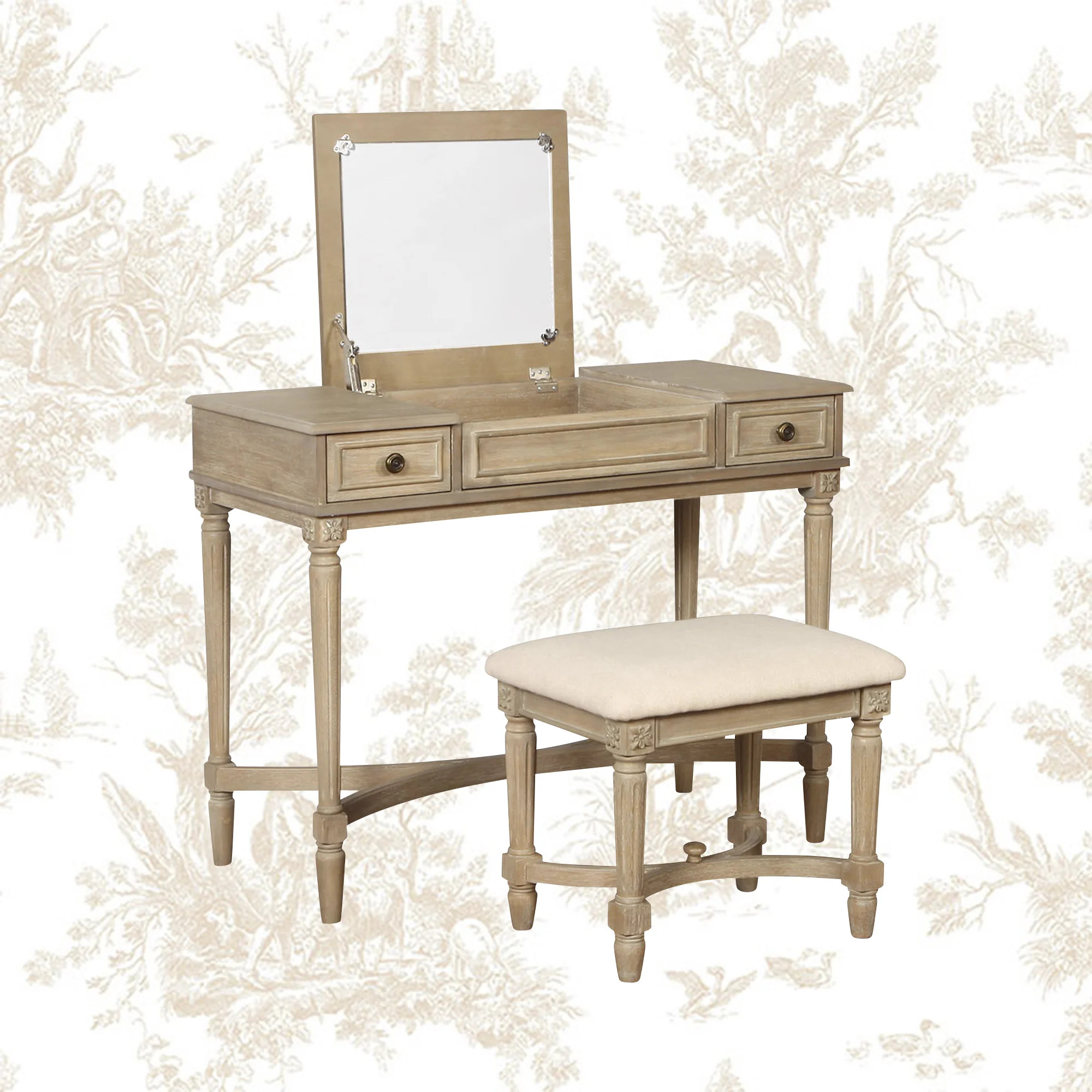 Madiun Natural Two Drawer Flip Top Vanity Set with Stool | Wayfair North America