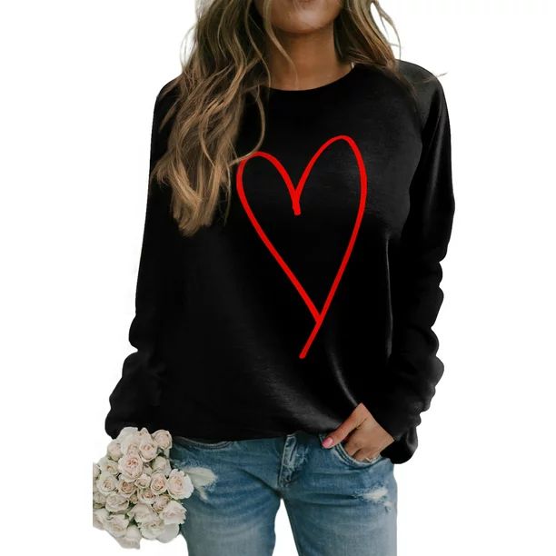 Farysays Heart Valentine Long Sleeve Sweatshirts Crew Neck Casual T-Shirt Tops for Women，S-2XL | Walmart (US)