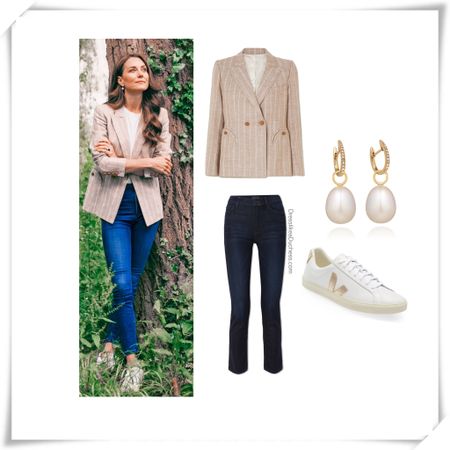 Kate Middleton Blaze Milano wind Hunter pinstriped blazer, possibly her mother denim dazzler mid-rise straight leg jeans, believed to be Veja sneakers, Annoushka pearl earrings 