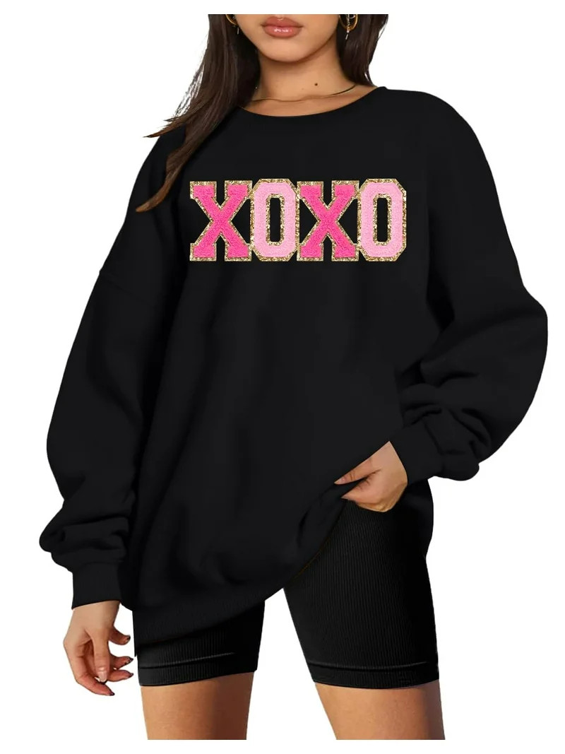 KimSoong Women Valentine's Day Sweatshirt Oversized XOXO Patch Love Heart Long Sleeve Tops Crew N... | Walmart (US)