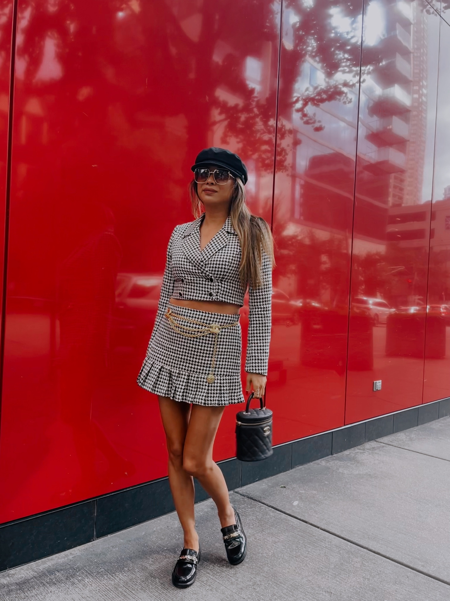 #ltkfall fall style, fall outfit, houndstooth, loafers, paris style, cap, blazer style, Chanel bag 

#LTKstyletip #LTKSeasonal