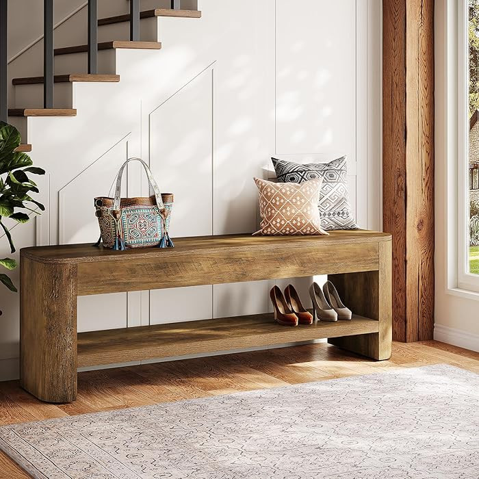 Tribesigns Farmhouse Entryway Bench, 53.5" Wood End of Bed Bench with Shoe Storage, 2-Tier Narrow... | Amazon (US)