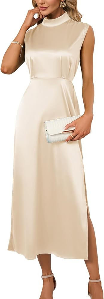 CYCLAMEN 2023 Women's Summer Long Formal Satin Dress Mock Neck Sleeveless Side Slits Maxi Elegant... | Amazon (US)