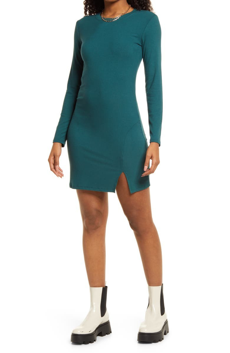 Fitted Slit Long Sleeve Rib Dress | Nordstrom | Nordstrom