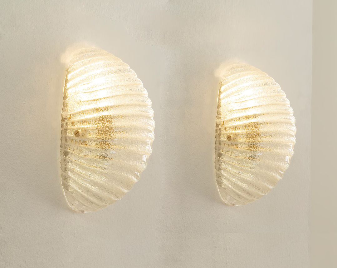 Set of 2 Vintage Murano glass shell wall sconce in crystal colour with brass structure, Made in I... | Etsy (US)