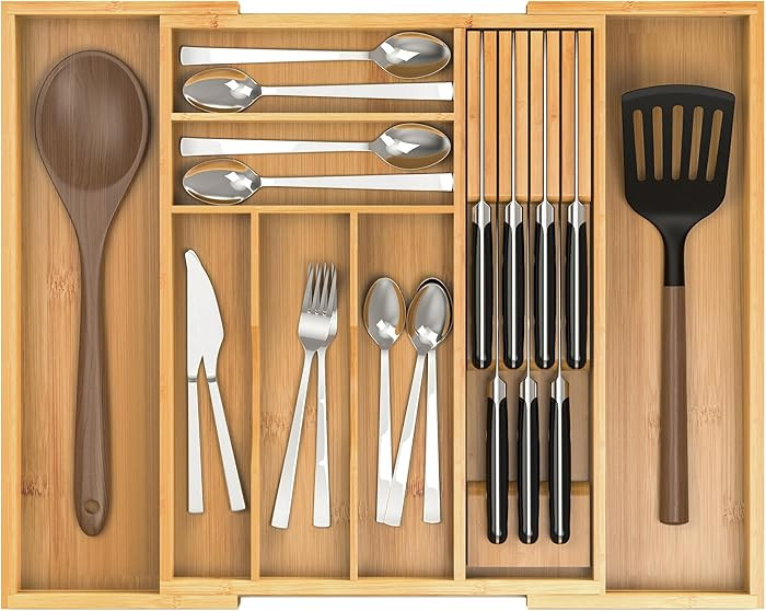 Bamboo Kitchen Drawer Organizer, Expandable Silverware Organizer with Removable Knife Block, 6-8 ... | Amazon (US)