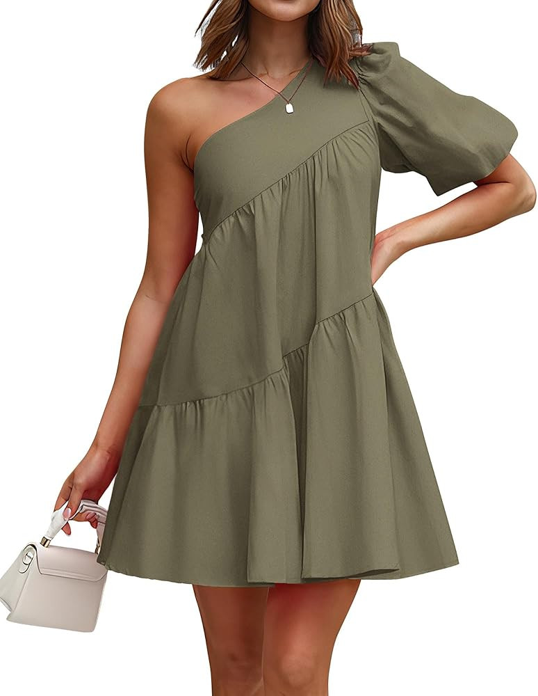 KIRUNDO Womens 2024 Summer Casual One Shoulder Mini Babydoll Dress Puff Sleeve Loose Tiered A Lin... | Amazon (US)