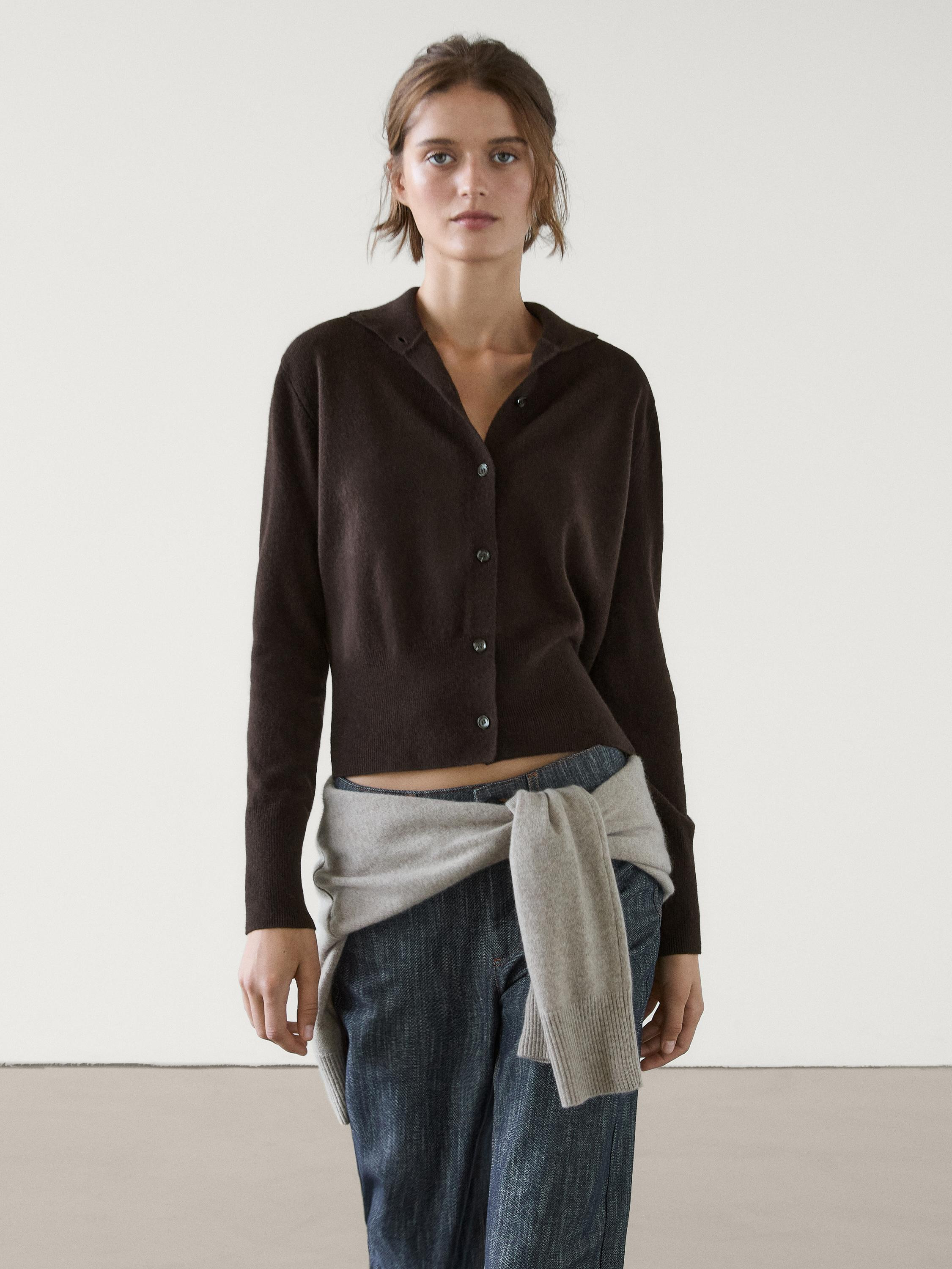 100% wool knit cardigan with mock turtleneck | Massimo Dutti US