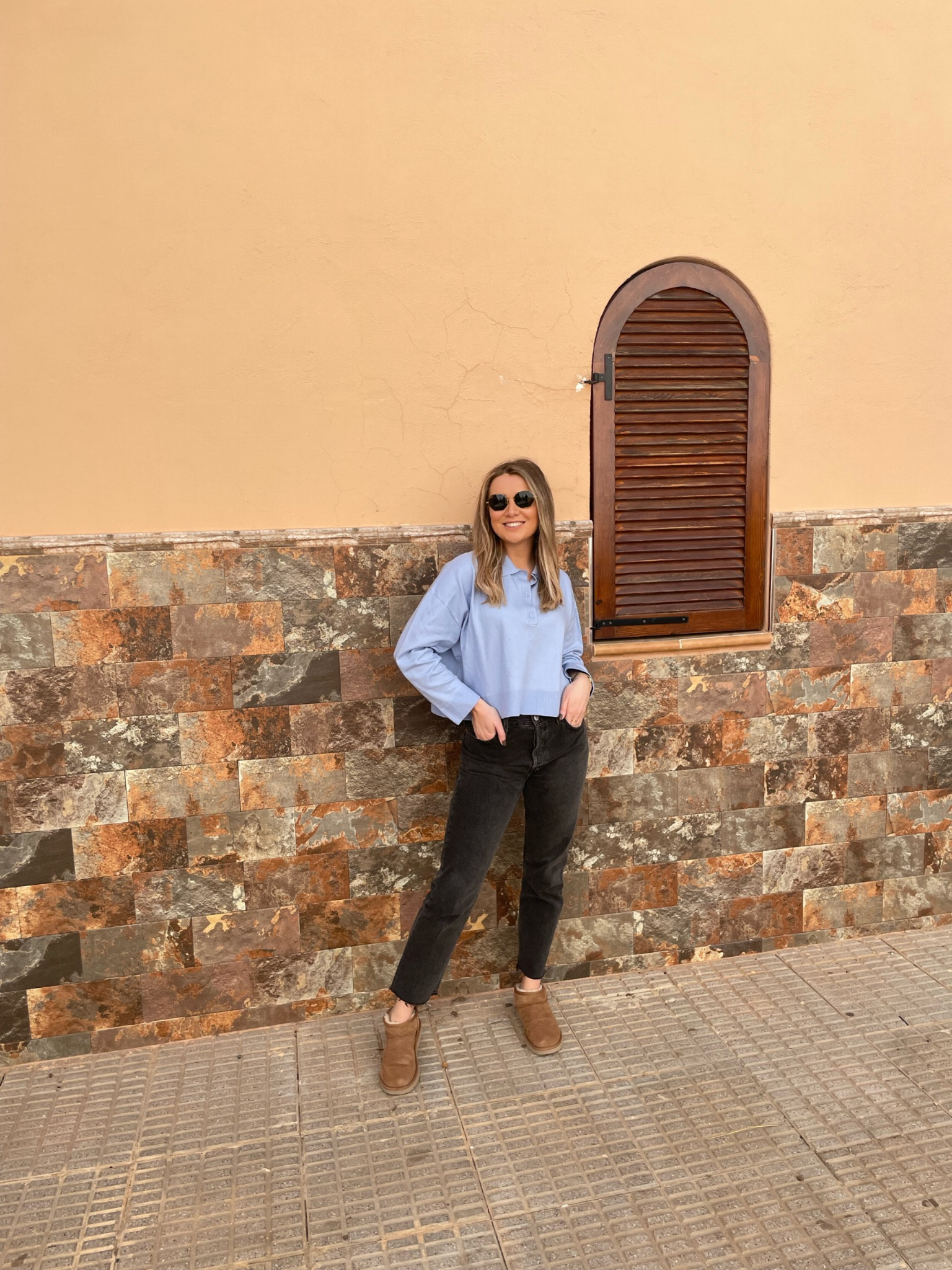 Blue Polo Top - Weekday (old) 
Grey/Black Levi 501s
Ultra Mini Uggs in Chestnut 
Ray-Ban Octagonal Sunglasses

#LTKeurope #LTKtravel #LTKunder50