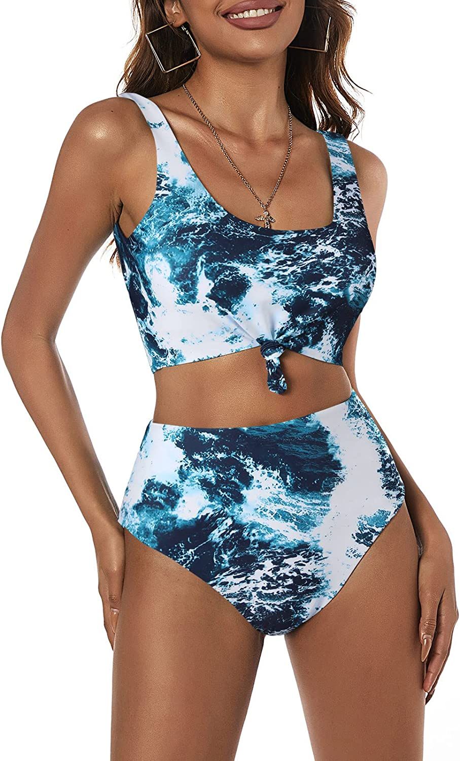 ZAFUL Women's High Waisted Bikini Scoop Neck Swimsuit Two Pieces Bathing Suit | Amazon (US)