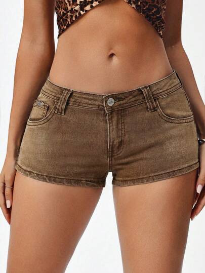 SHEIN Jeanoir Women's Solid Color Minimalist Casual Denim Low-Waist Mini Shorts | SHEIN