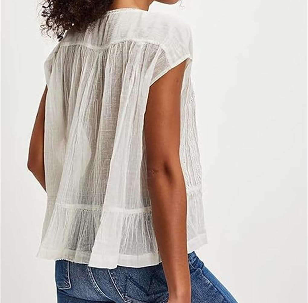 Women Pleated Crop Tank Boho Lace Tie Front Sleeveless Semi Sheer Blouse | Amazon (US)